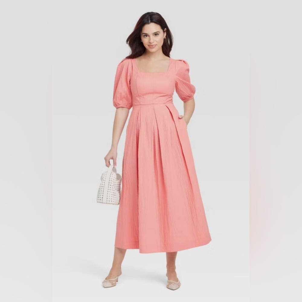 NWT - A New Day Coral Puff Sleeve Midi Sundress